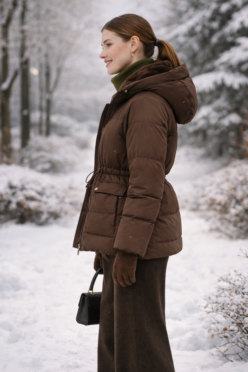Пуховик темно коричневый